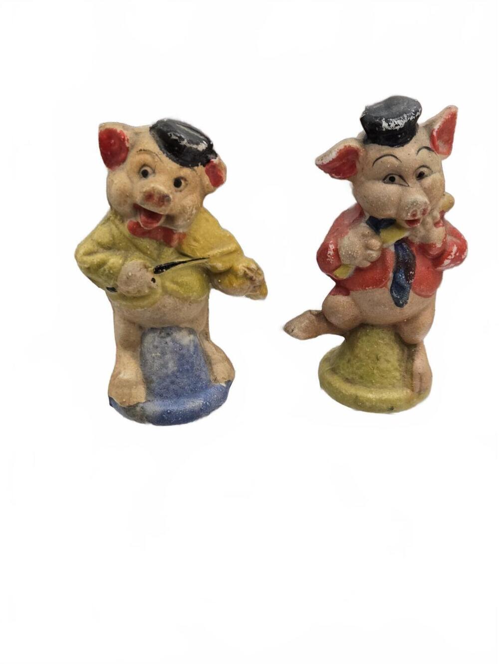 2 of Three Little 3" Pigs Violin & Clarinet Bisque Figurines 1930’s, MIJ